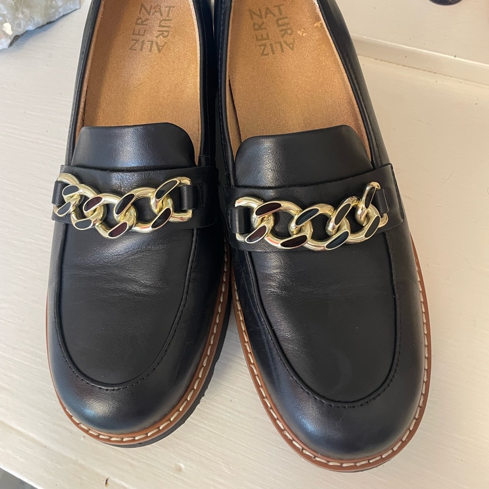 Naturalizer Black Chunky Loafers with Gold Chain Accent